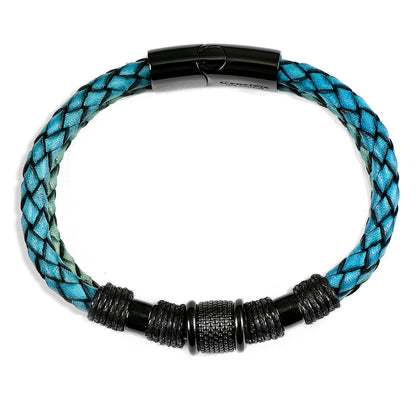 Distressed Blue Leather with Black Nylon Cord and Black IP Stainless Steel Beads