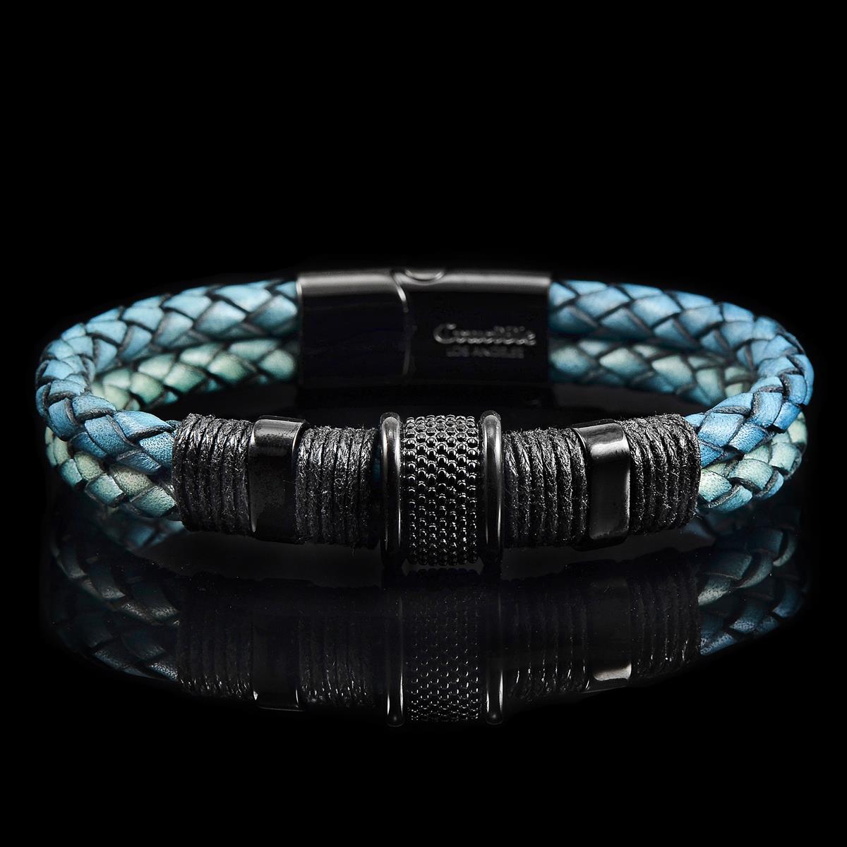 Distressed Blue Leather with Black Nylon Cord and Black IP Stainless Steel Beads