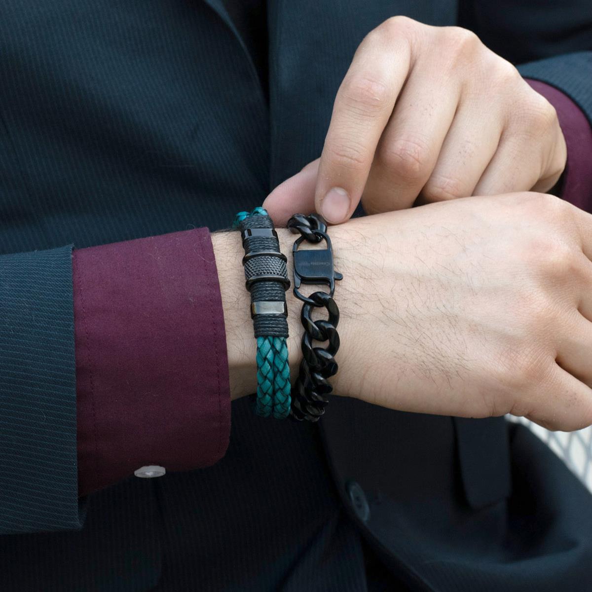 Distressed Blue Leather with Black Nylon Cord and Black IP Stainless Steel Beads