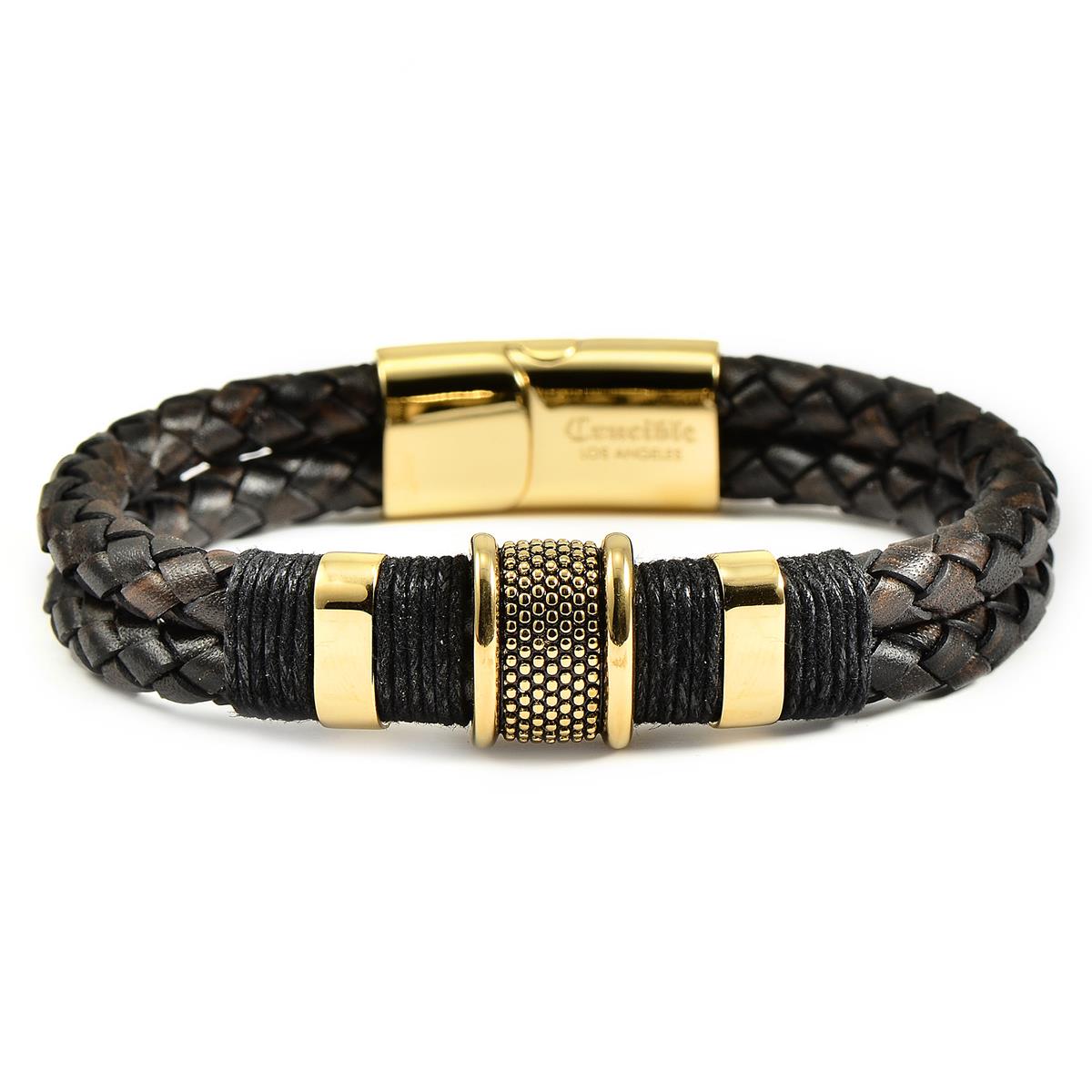 Crucible Jewelry Dark Brown Leather and Gold IP Stainless Steel Beads