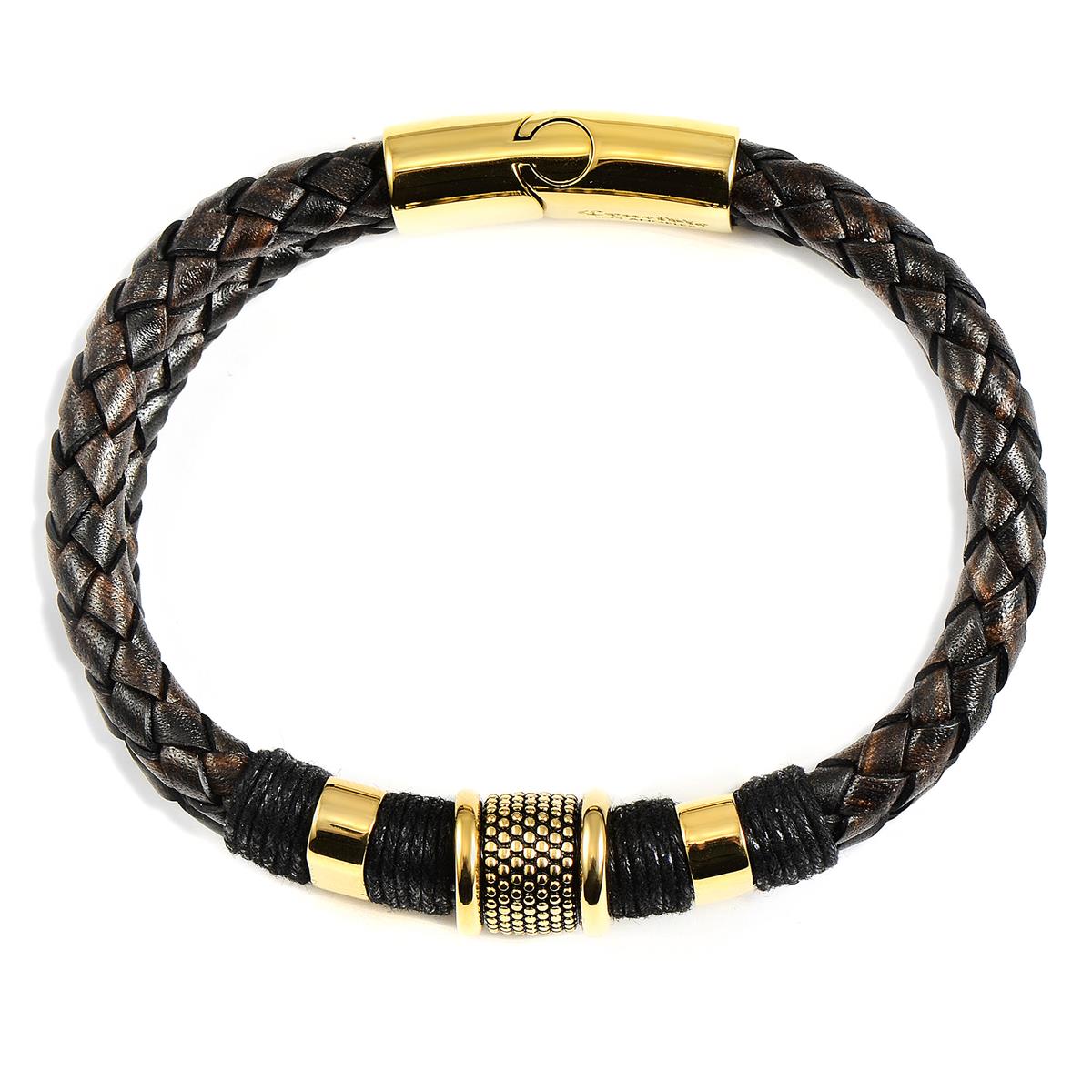 Crucible Jewelry Dark Brown Leather and Gold IP Stainless Steel Beads