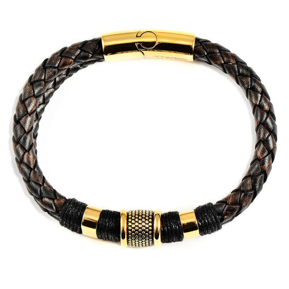 Crucible Jewelry Dark Brown Leather and Gold IP Stainless Steel Beads