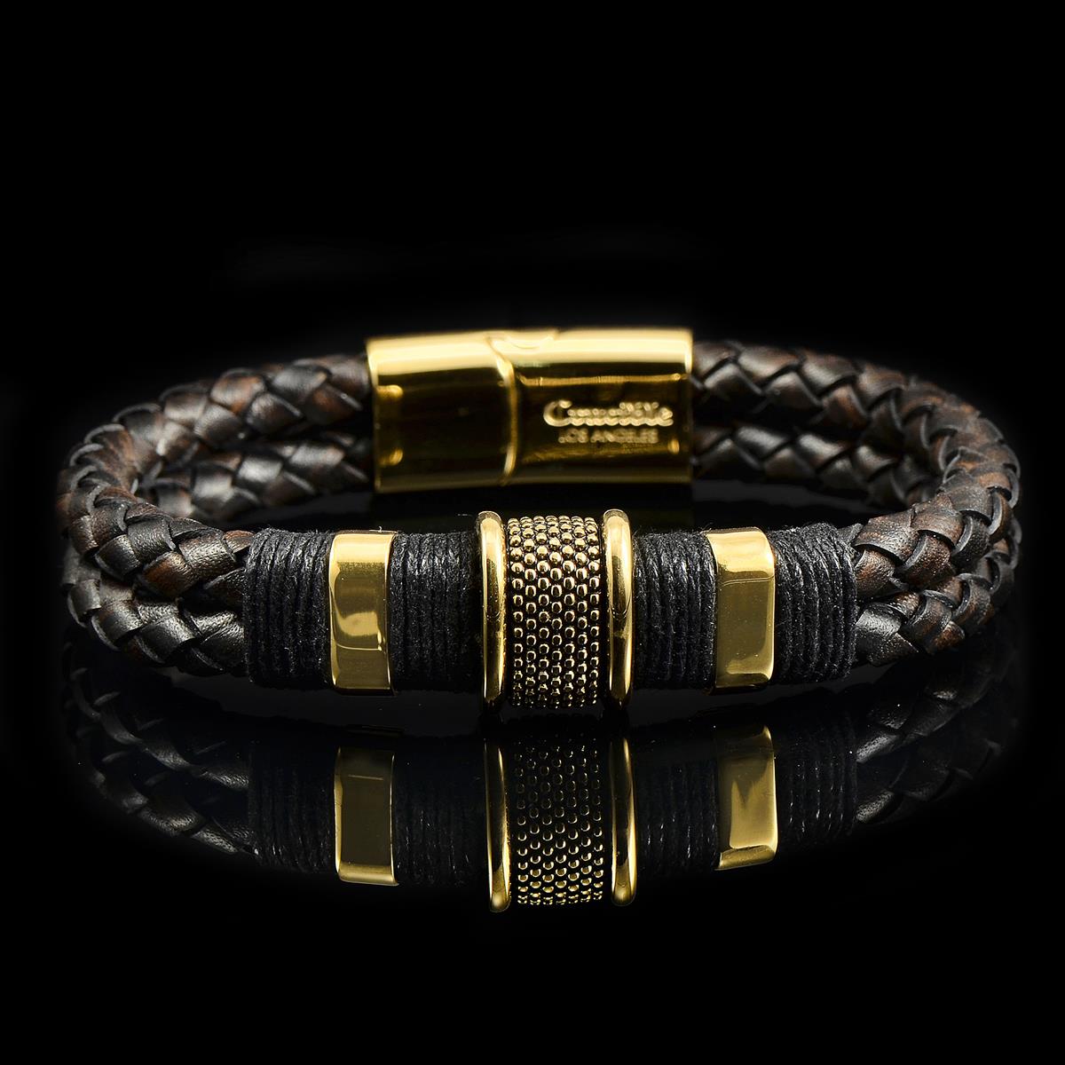 Crucible Jewelry Dark Brown Leather and Gold IP Stainless Steel Beads