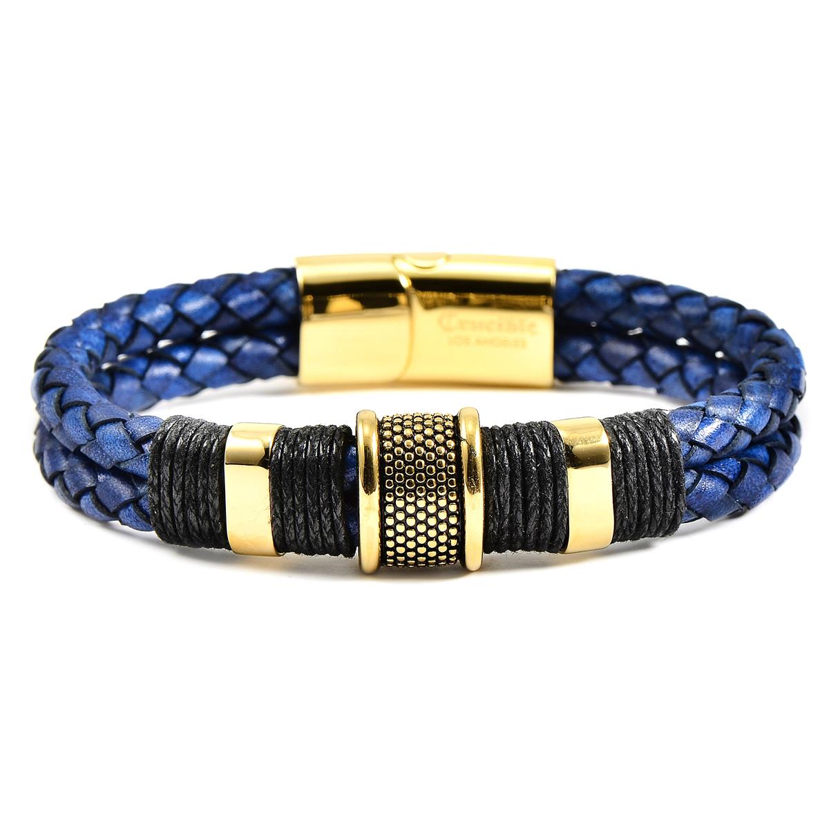 Crucible Jewelry Navy Blue Leather and Gold IP Stainless Steel Beads