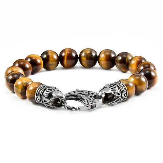 10mm Tiger Eye Bead Bracelet with Stainless Steel Antiqued Lobster Clasp