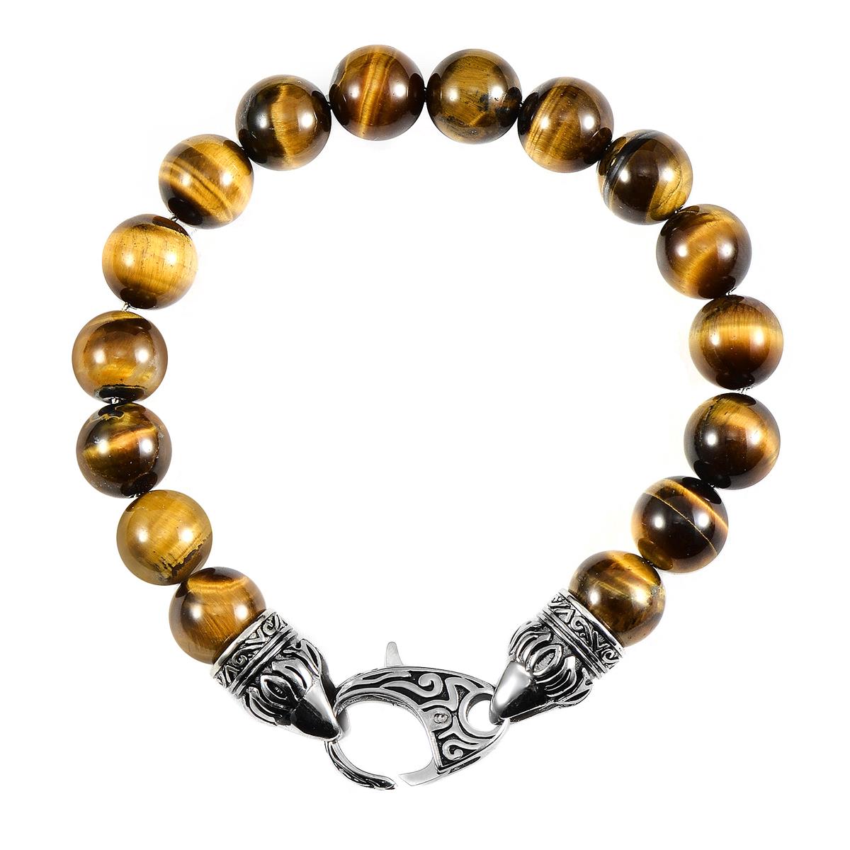 10mm Tiger Eye Bead Bracelet with Stainless Steel Antiqued Lobster Clasp