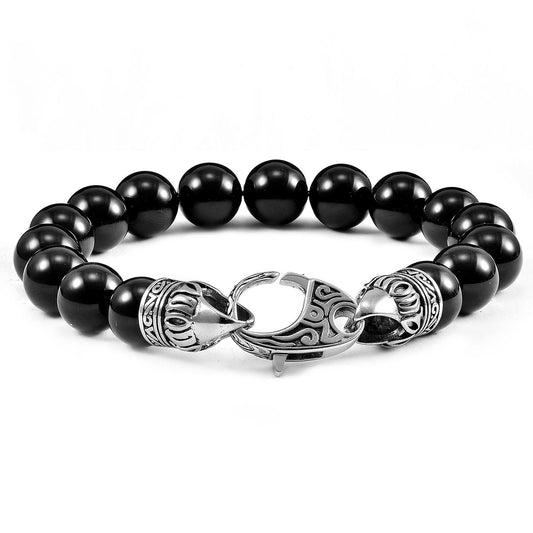 10mm Polished Black Onyx Bead Bracelet with Stainless Steel Antiqued Lobster Clasp