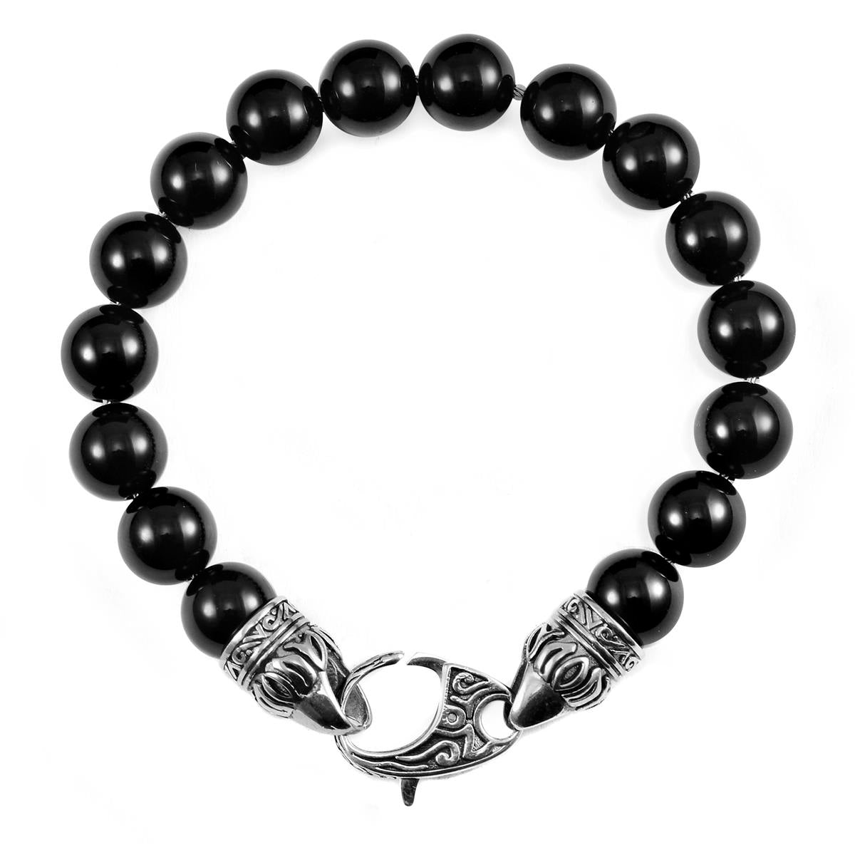 10mm Polished Black Onyx Bead Bracelet with Stainless Steel Antiqued Lobster Clasp