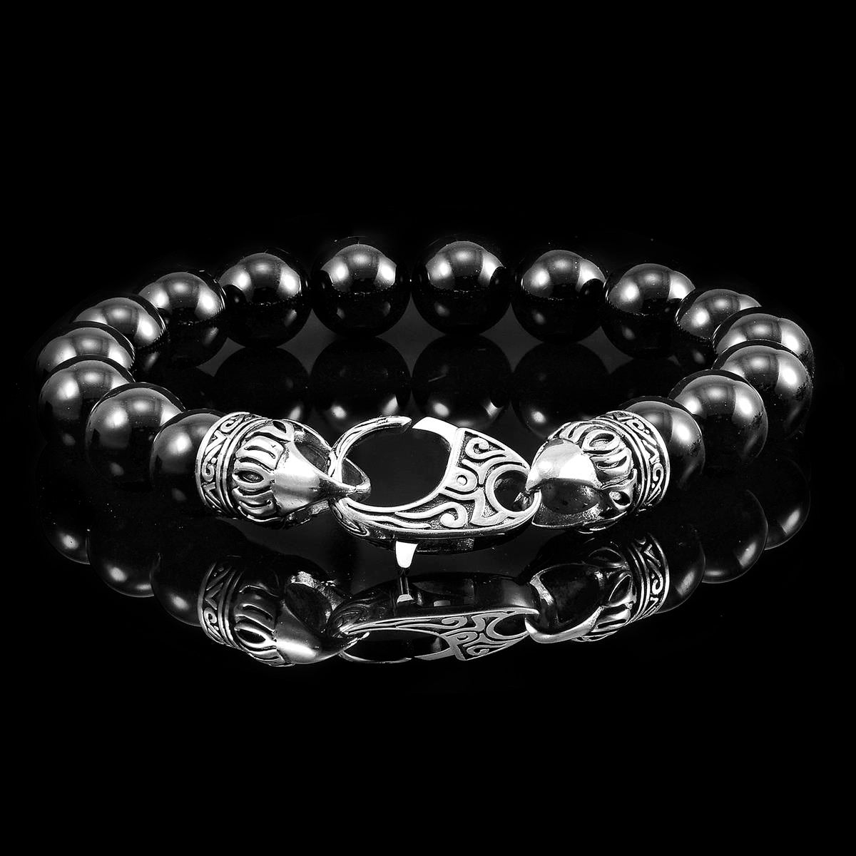 10mm Polished Black Onyx Bead Bracelet with Stainless Steel Antiqued Lobster Clasp