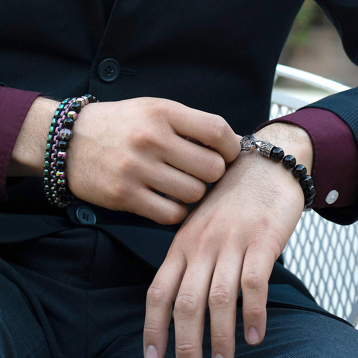 10mm Polished Black Onyx Bead Bracelet with Stainless Steel Antiqued Lobster Clasp