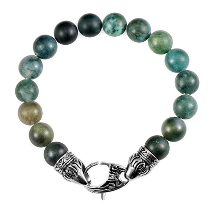 10mm Matte Moss Agate Bead Bracelet with Stainless Steel Antiqued Lobster Clasp