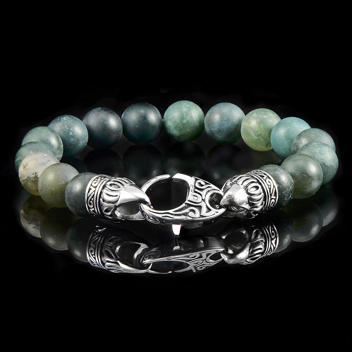 10mm Matte Moss Agate Bead Bracelet with Stainless Steel Antiqued Lobster Clasp