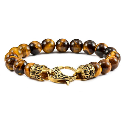 10mm Tiger Eye Bead Bracelet with Stainless Steel Antiqued Lobster Clasp