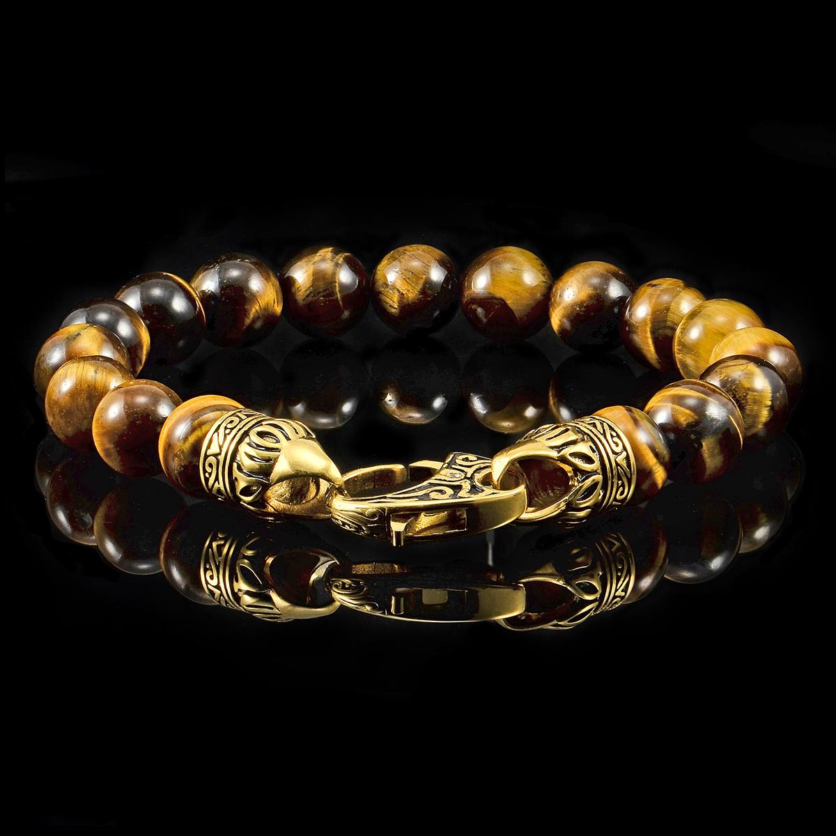 10mm Tiger Eye Bead Bracelet with Stainless Steel Antiqued Lobster Clasp