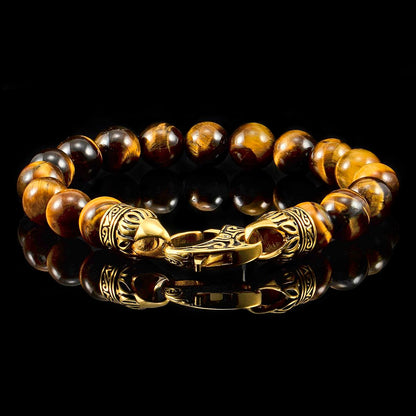 10mm Tiger Eye Bead Bracelet with Stainless Steel Antiqued Lobster Clasp