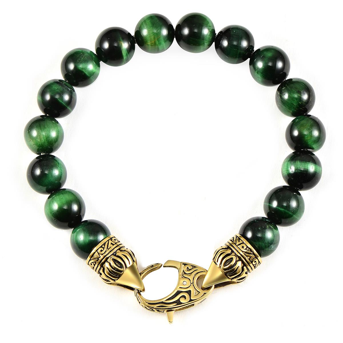 10mm Green Tiger Eye Bead Bracelet with Gold IP Stainless Steel Antiqued Lobster Clasp