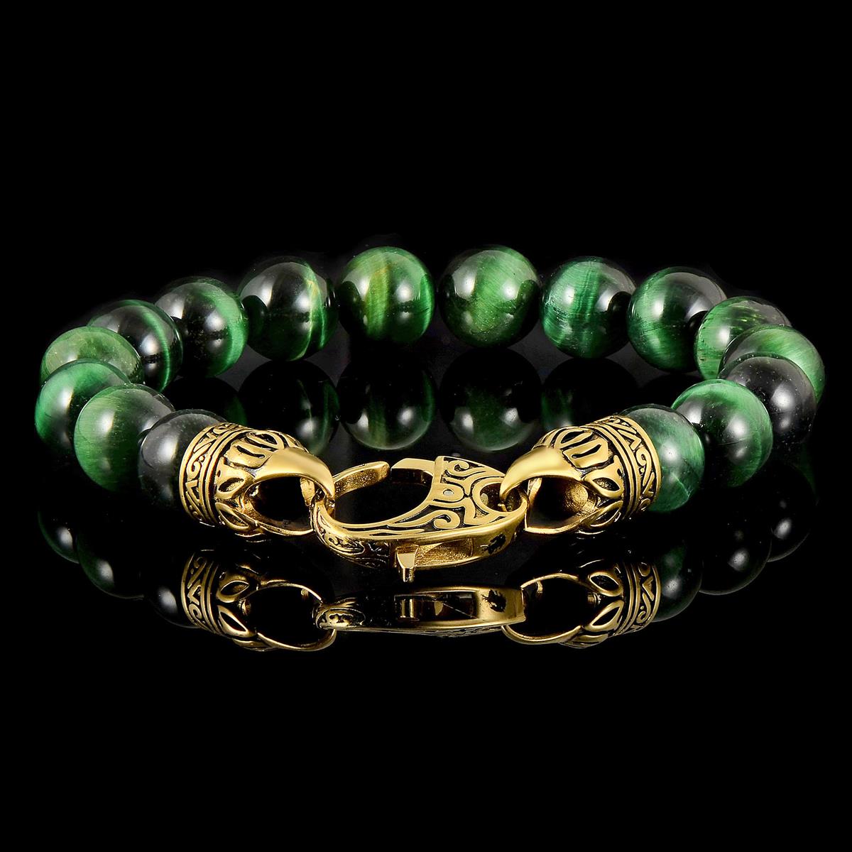 10mm Green Tiger Eye Bead Bracelet with Gold IP Stainless Steel Antiqued Lobster Clasp