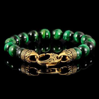 10mm Green Tiger Eye Bead Bracelet with Gold IP Stainless Steel Antiqued Lobster Clasp