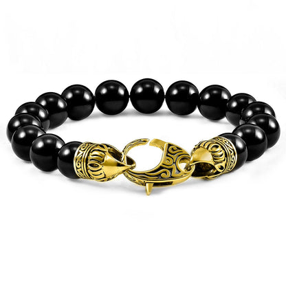 Crucible Jewelry 10mm Polished Black Onyx Bead Bracelet with Gold IP Stainless Steel Antiqued Lobster Clasp