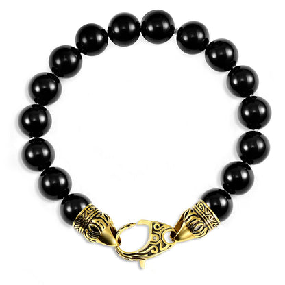 Crucible Jewelry 10mm Polished Black Onyx Bead Bracelet with Gold IP Stainless Steel Antiqued Lobster Clasp