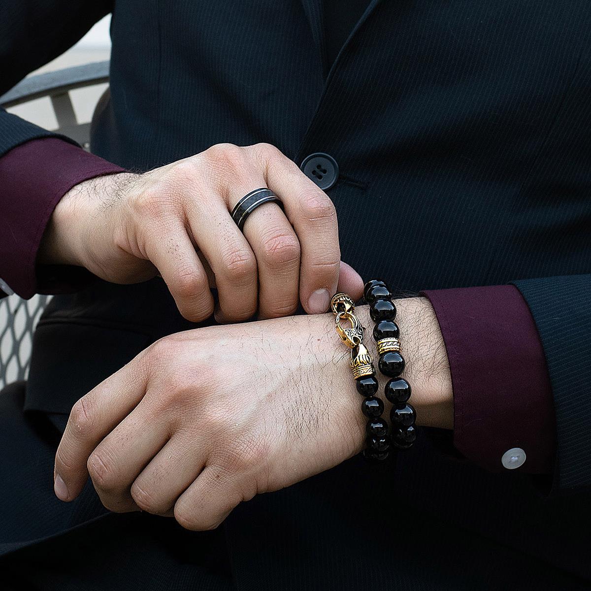 10mm Polished Black Onyx Bead Bracelet with Stainless Steel Antiqued Lobster Clasp