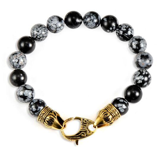 Crucible Jewelry 10mm Snowflake Agate Bead Bracelet with Stainless Steel Antiqued Lobster Clasp