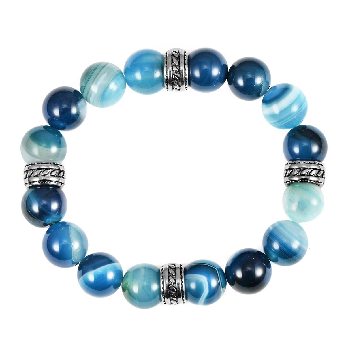 12mm Blue Banded Agate Bead Stretch Bracelet with Stainless Steel Tribal Accent Beads