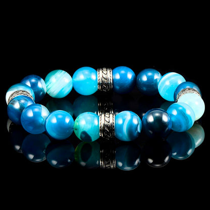 12mm Blue Banded Agate Bead Stretch Bracelet with Stainless Steel Tribal Accent Beads