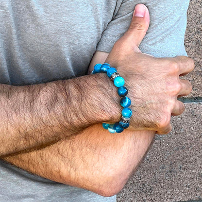 12mm Blue Banded Agate Bead Stretch Bracelet with Stainless Steel Tribal Accent Beads