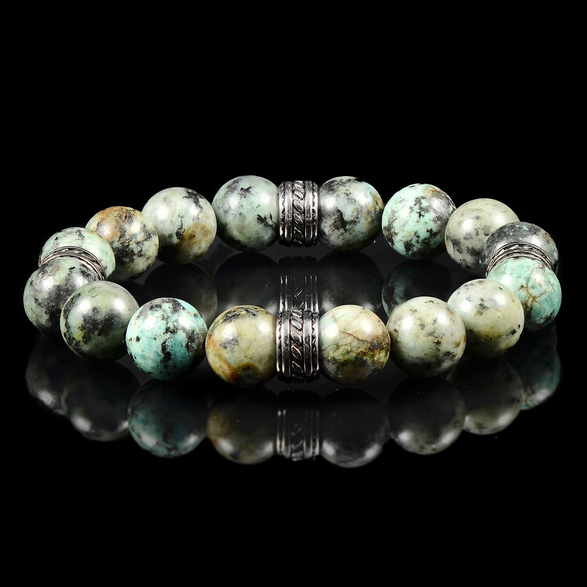 Crucible Jewelry 12mm African Turquoise Bead Stretch Bracelet with Stainless Steel Tribal Accent Beads