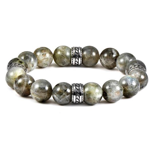 12mm Labradorite Bead Stretch Bracelet with Stainless Steel Tribal Accent Beads