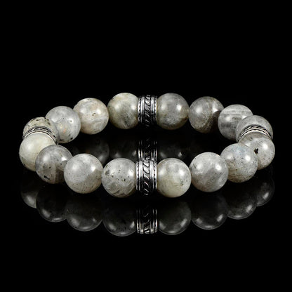 12mm Labradorite Bead Stretch Bracelet with Stainless Steel Tribal Accent Beads