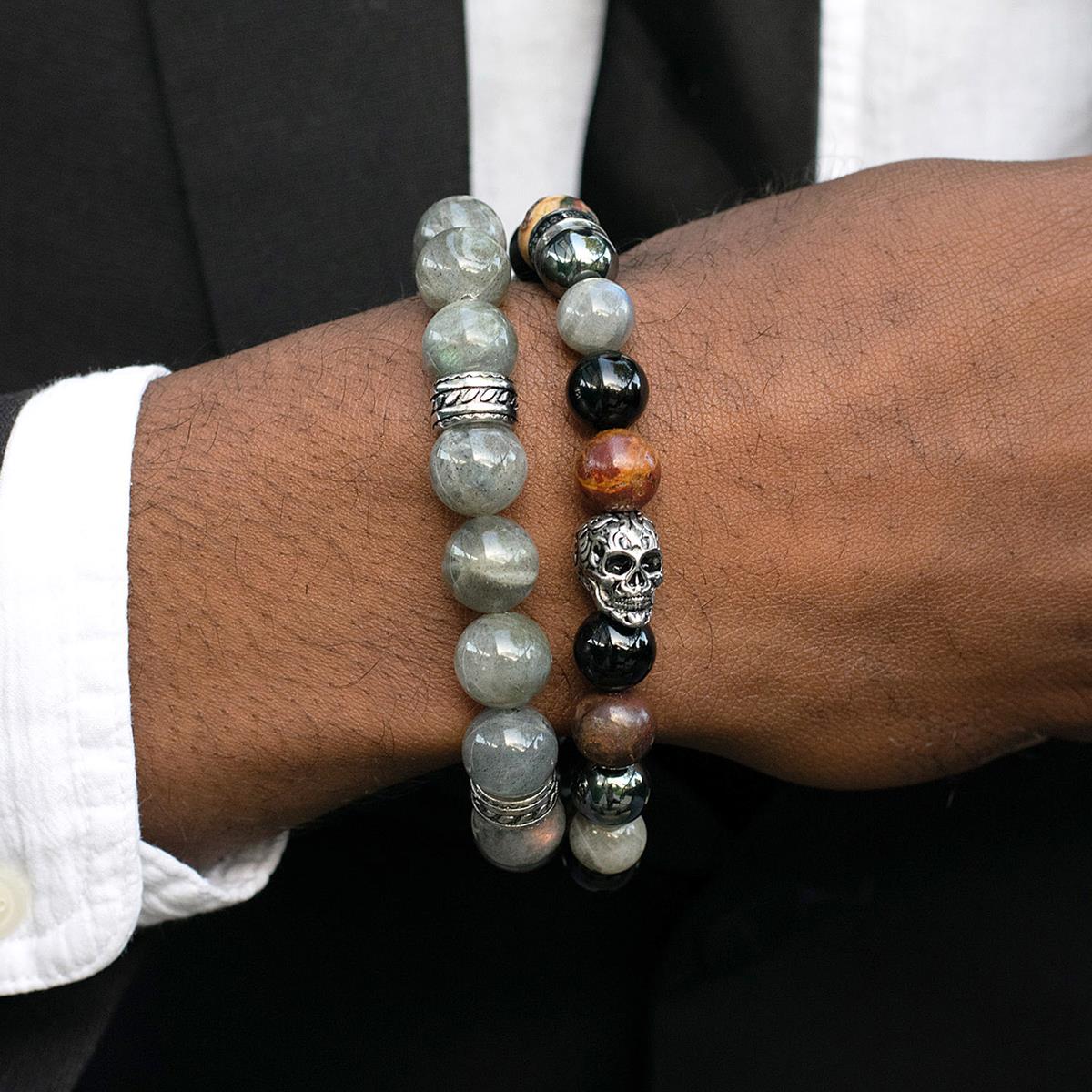 12mm Labradorite Bead Stretch Bracelet with Stainless Steel Tribal Accent Beads