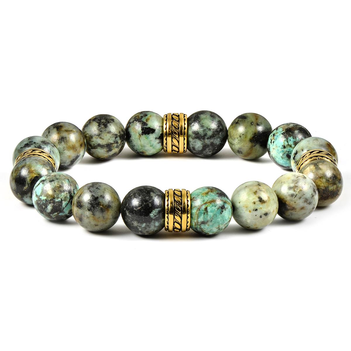 12mm African Turquoise Bead Stretch Bracelet with Gold IP Stainless Steel Tribal Accent Beads