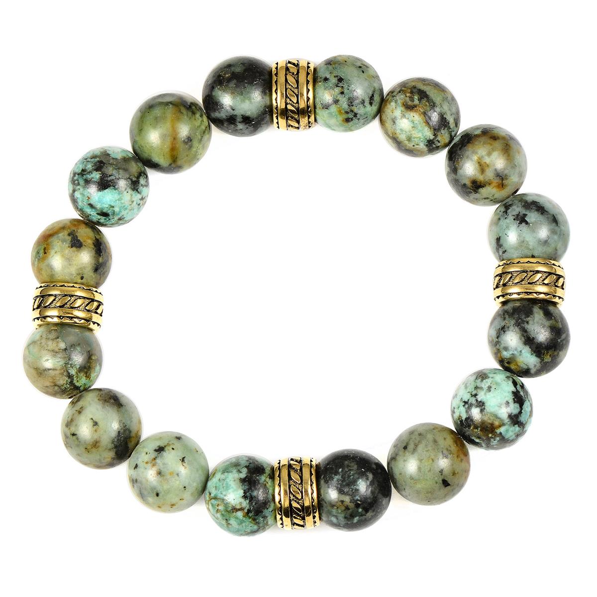 12mm African Turquoise Bead Stretch Bracelet with Gold IP Stainless Steel Tribal Accent Beads