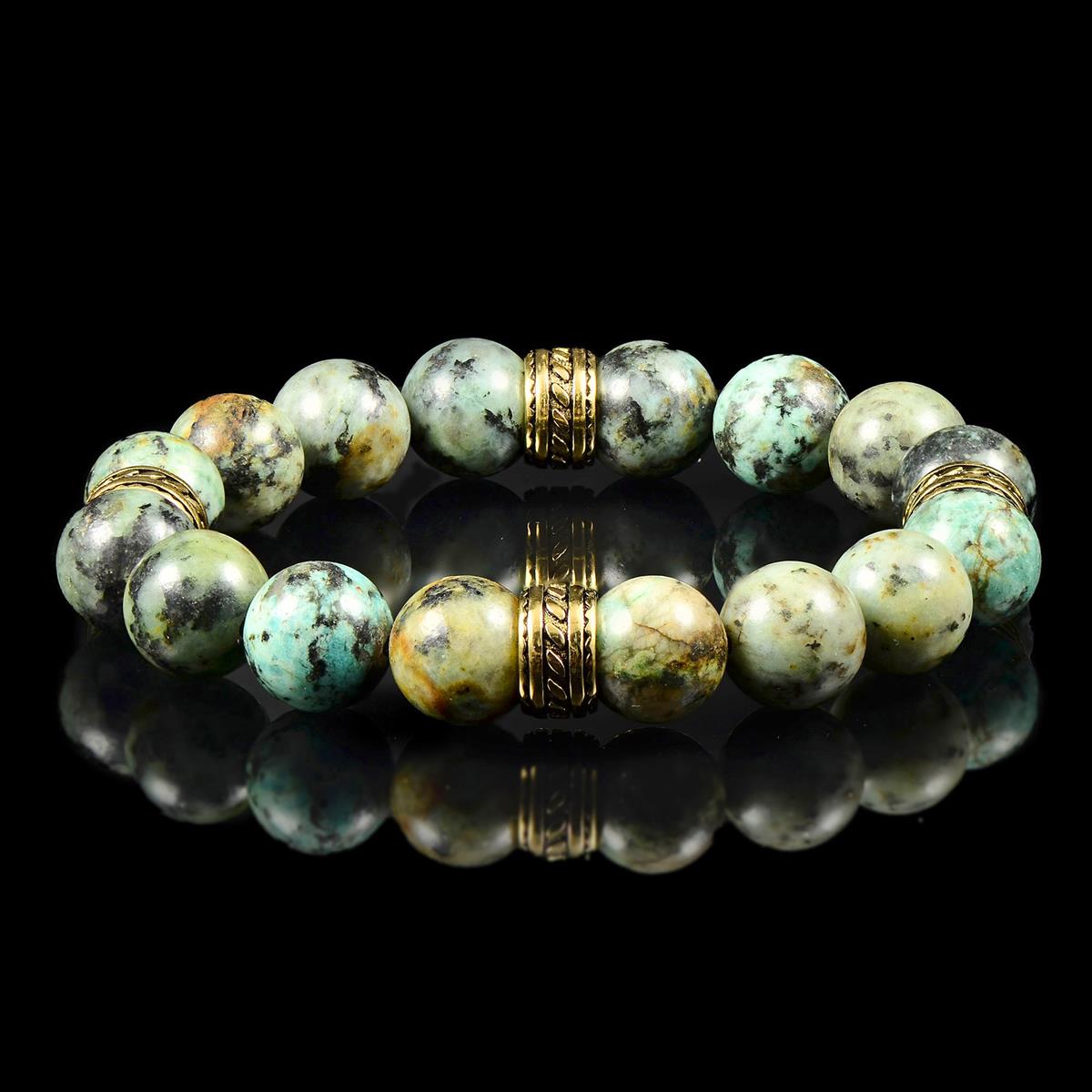 12mm African Turquoise Bead Stretch Bracelet with Gold IP Stainless Steel Tribal Accent Beads