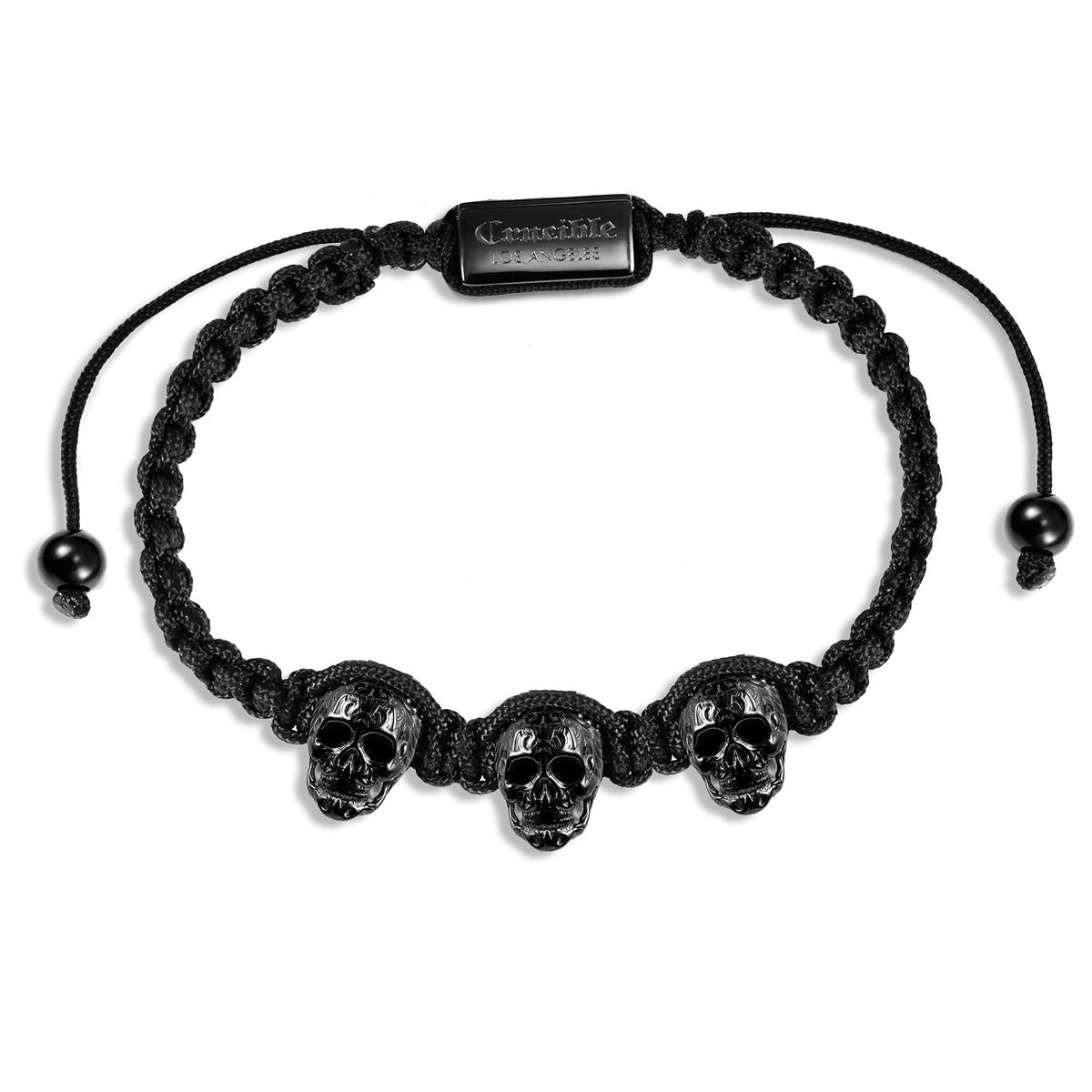 Crucible Jewelry Three Black IP Skulls on Shocker Tie Woven Bracelet