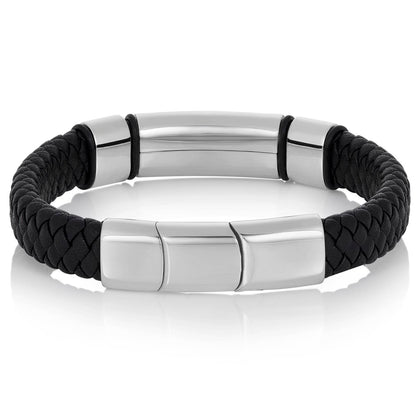Men's Engravable Steel Plate Black Leather Bracelet