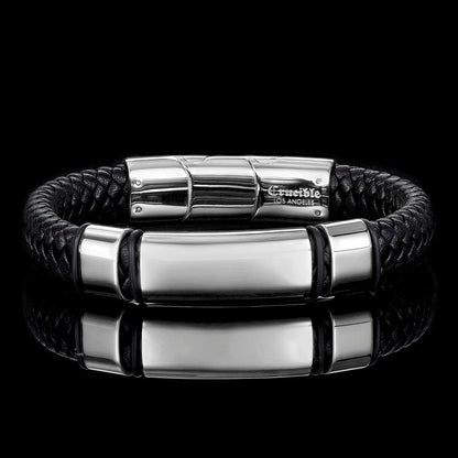 Men's Engravable Steel Plate Black Leather Bracelet