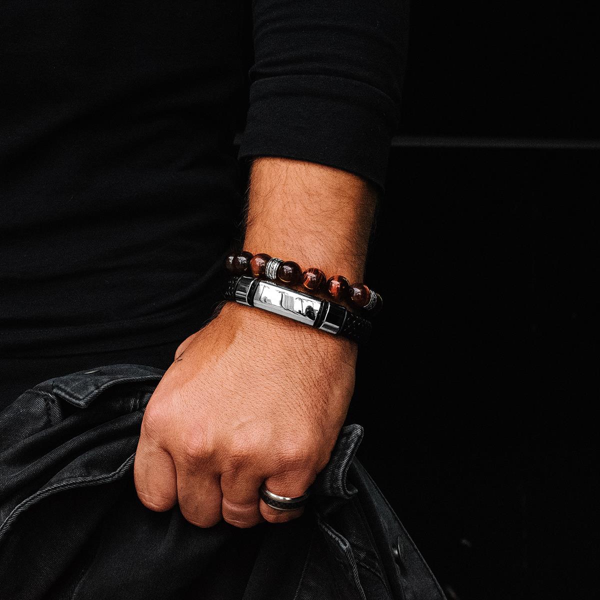 Black Leather and Stainless Steel Engravable Bracelet