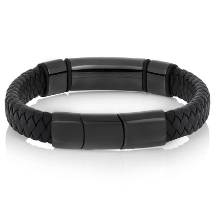 Men's Engravable Steel Plate Black Leather Bracelet