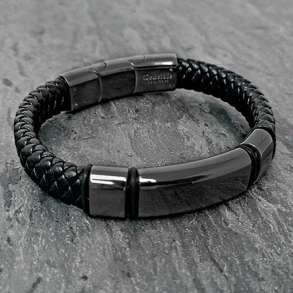 Men's Engravable Steel Plate Black Leather Bracelet