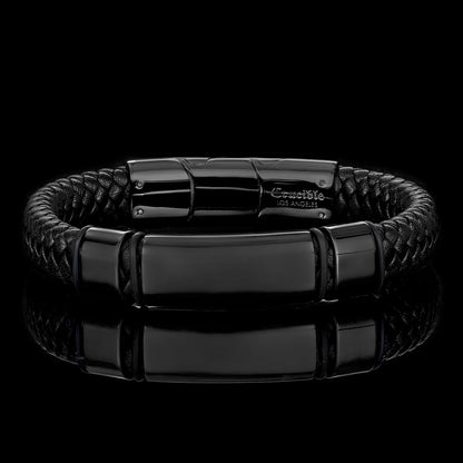 Black Leather and Stainless Steel Engravable Bracelet