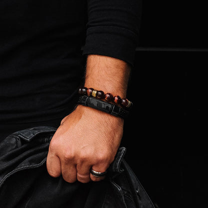 Black Leather and Stainless Steel Engravable Bracelet