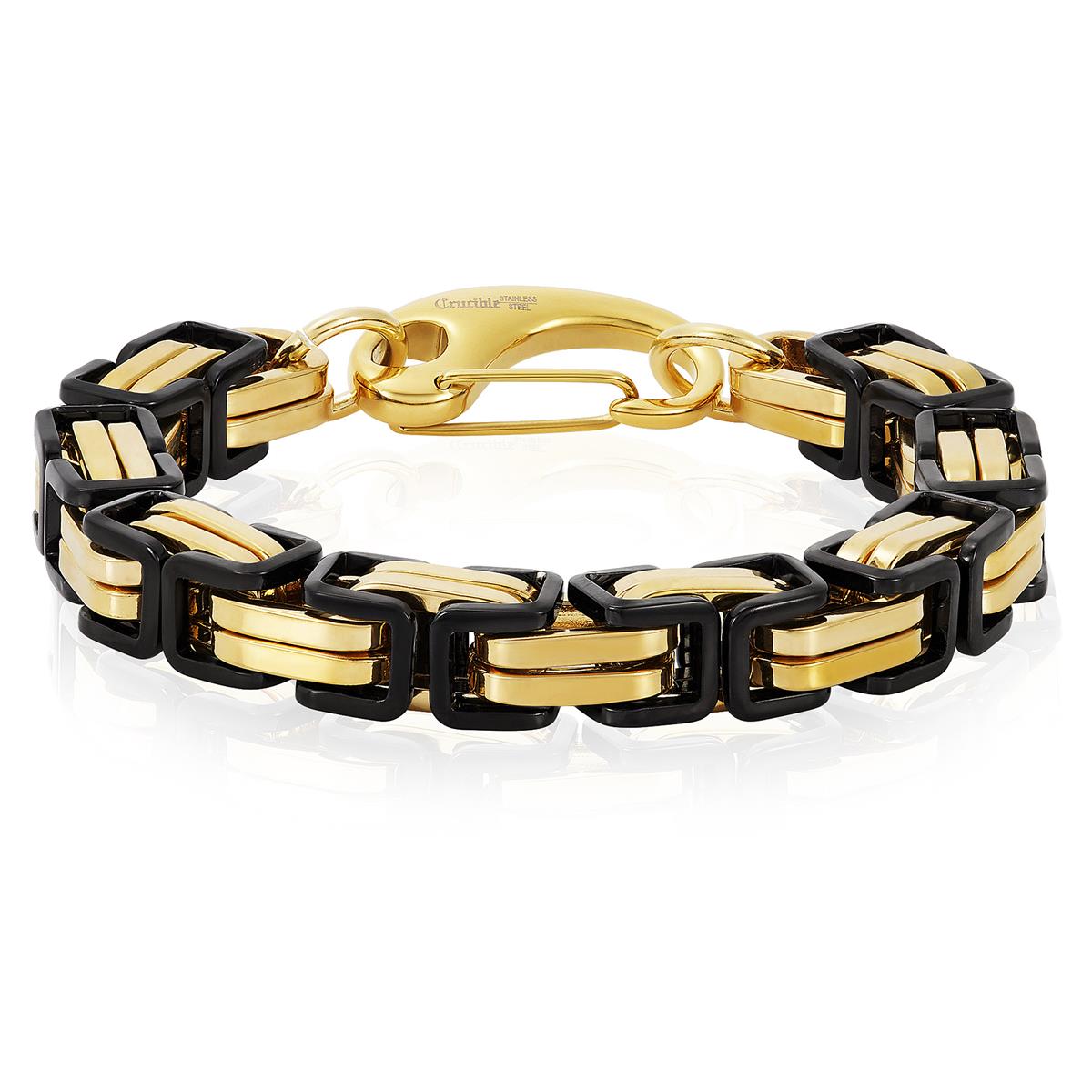 Crucible Jewelry Gold/Black Stainless Steel Byzantine Chain Bracelet 11mm Wide