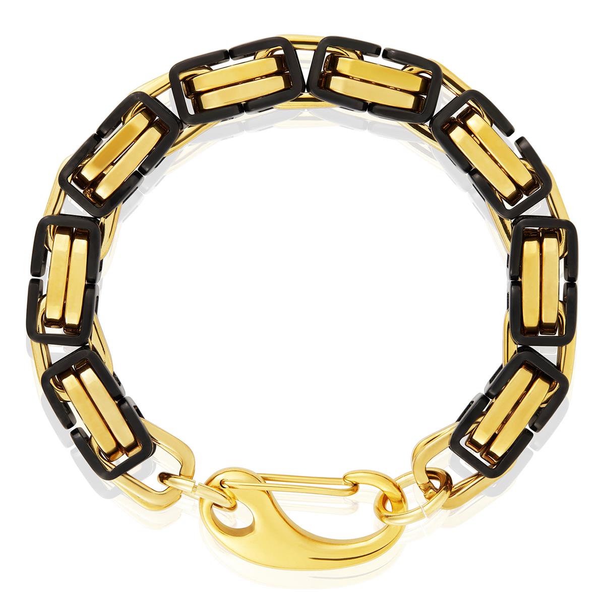 Crucible Jewelry Gold/Black Stainless Steel Byzantine Chain Bracelet 11mm Wide