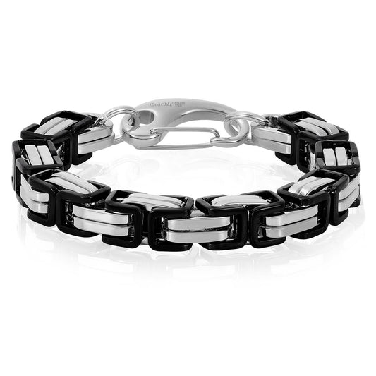 Men's Byzantine Chain Black/Silver Plated Steel Bracelet (11mm Wide)