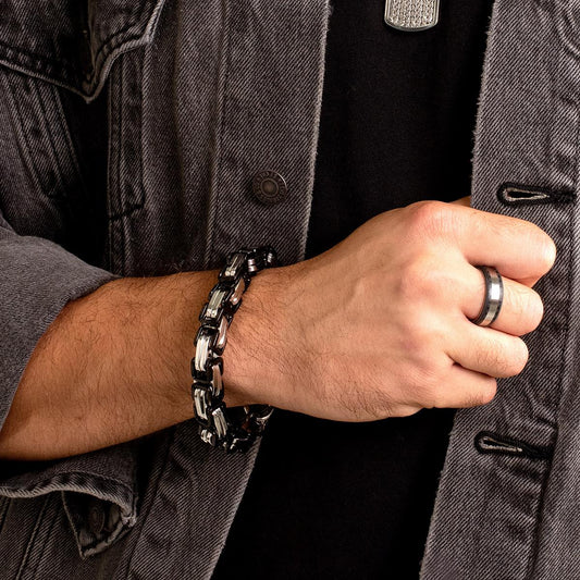 Men's Byzantine Chain Black/Silver Plated Steel Bracelet (11mm Wide)