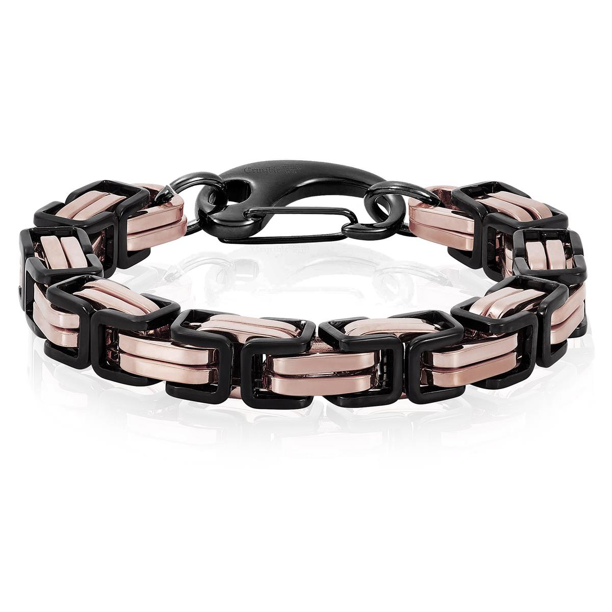 Crucible Jewelry Black/Rose Gold Stainless Steel Byzantine Chain Bracelet 11mm Wide