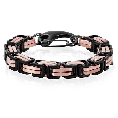 Crucible Jewelry Black/Rose Gold Stainless Steel Byzantine Chain Bracelet 11mm Wide